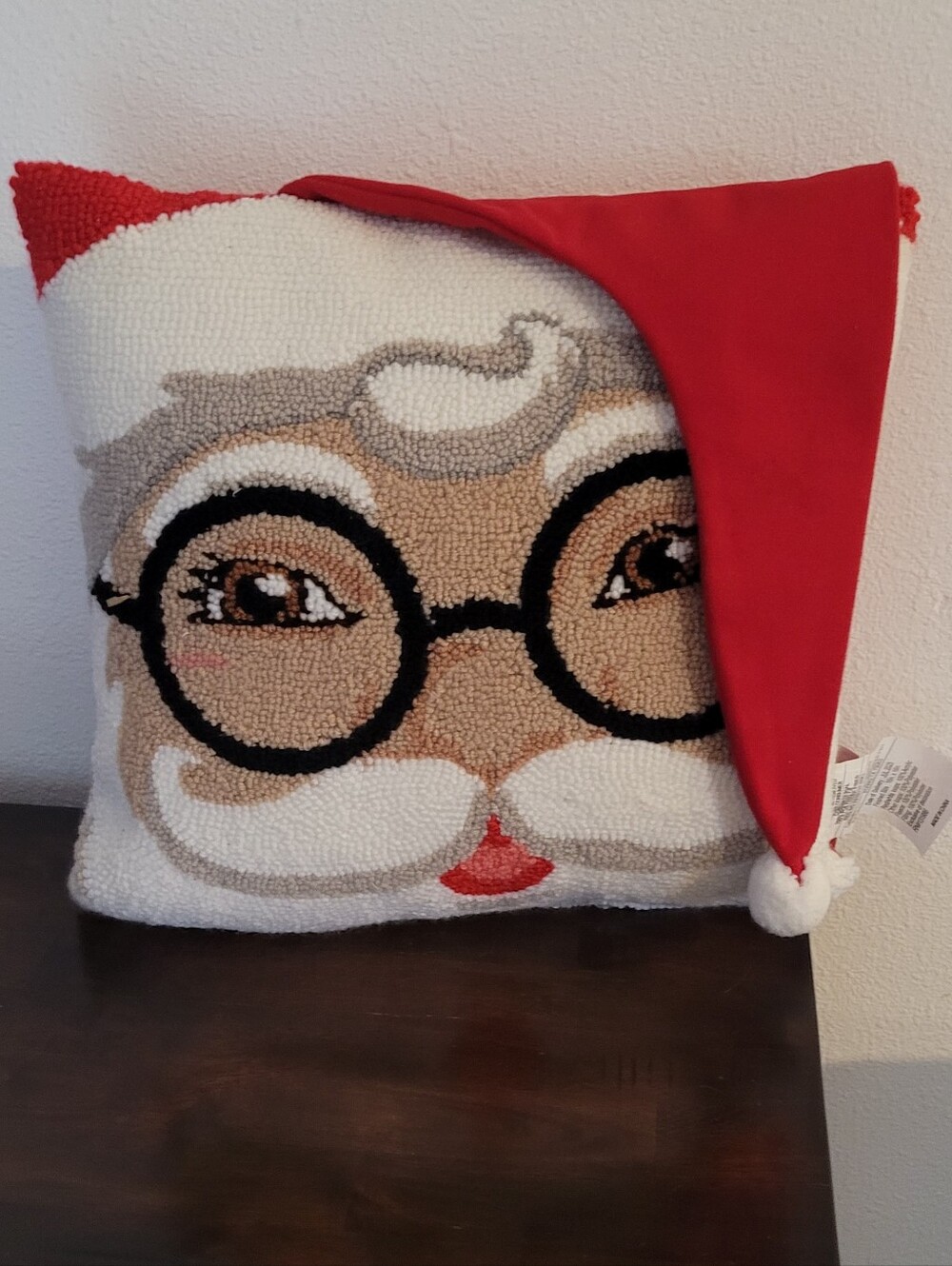 NWT Ashland Christmas Santa Hooked Pillow with Red Hat and Black Glasses